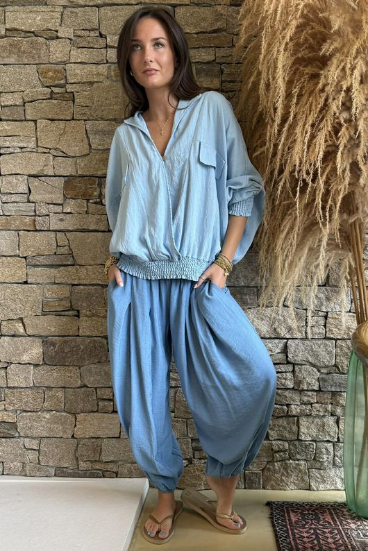 Basso Button Drape Batwing Shirt Baby Blue